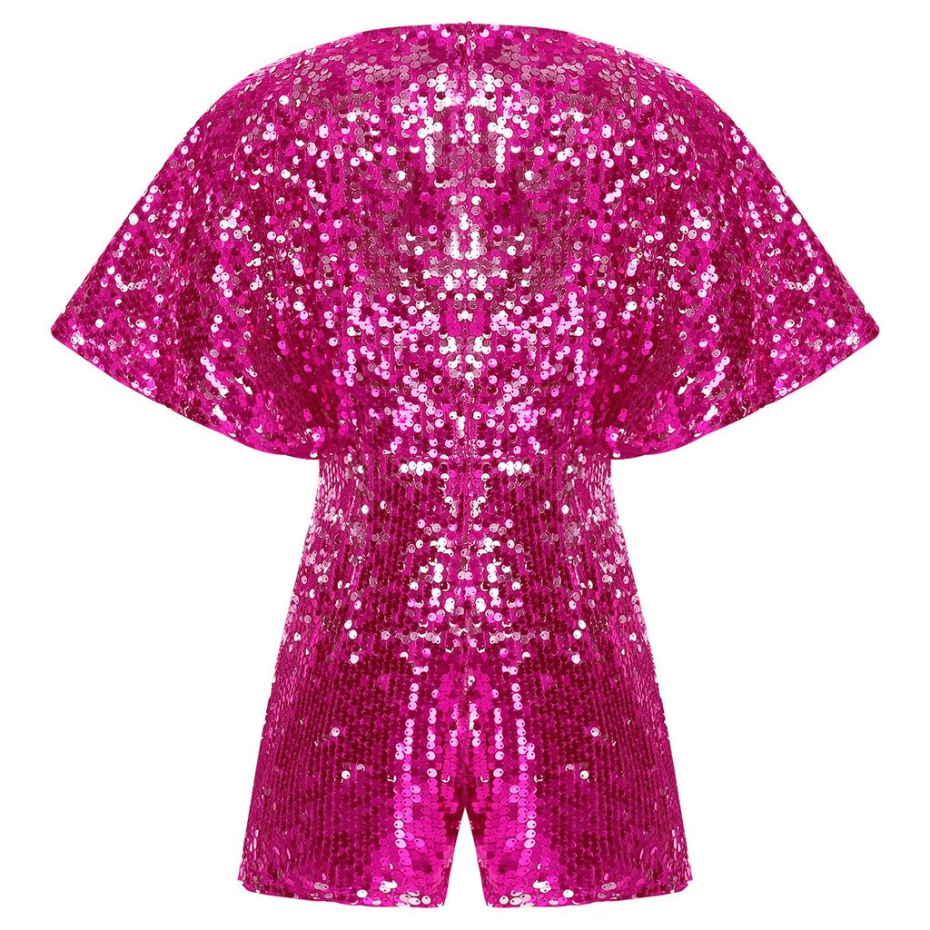 Girls Sparkling Sequins Jumpsuit V Neck Cap Sleeve Bodysuit Birthday Party Stage Performance Costume
