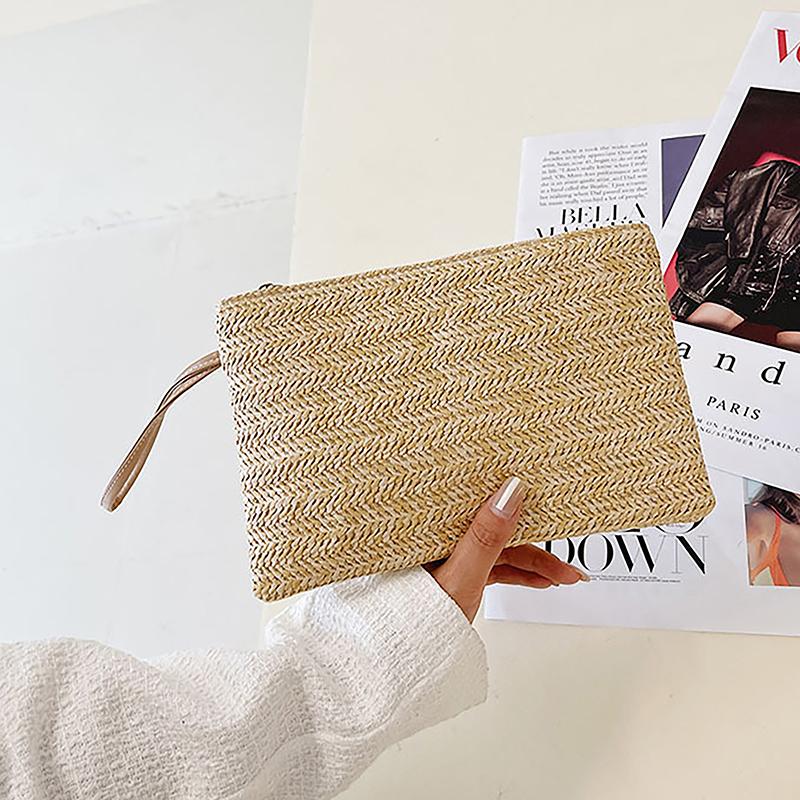 Weaving Bag  Ladies Wristlet Clutch Women Daily Money Phone Clutch Solid Straw Woven Coin Purse Beach Wallet Card Holder