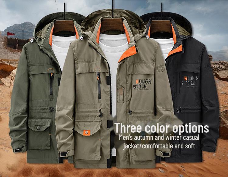 Men's Mid-Length Hooded Outdoor Jacket - Autumn/Winter, Plus Velvet, Multi-Pocket, Loose Fit
