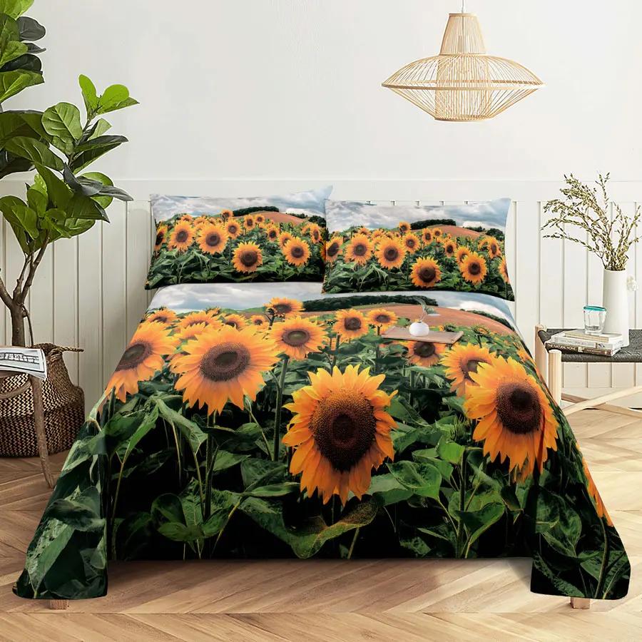 Sunflower Bed Sheets and Pillowcases for Single Double Beds Bedsheets Set with Pillow Case 2pcs 3pcs Queen Full Size 3D Soft
