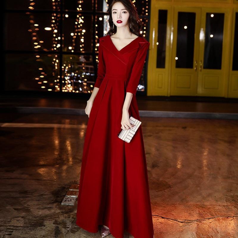 Autumn Red Wedding & Engagement Dress: Elegant Toast Dress for Brides