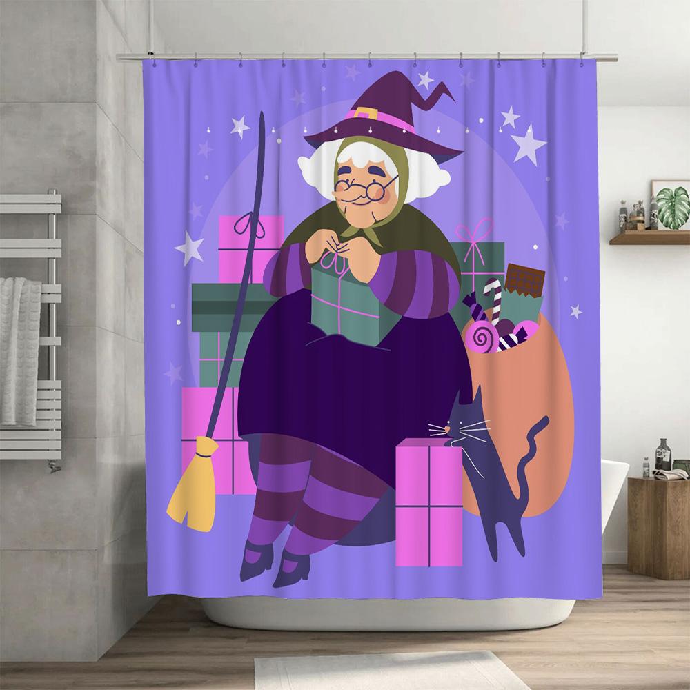 Colorful Halloween-Themed Shower Curtain With Witch Design For Bathroom Decor Purple Starry Sky Background Included #Bathroomacc