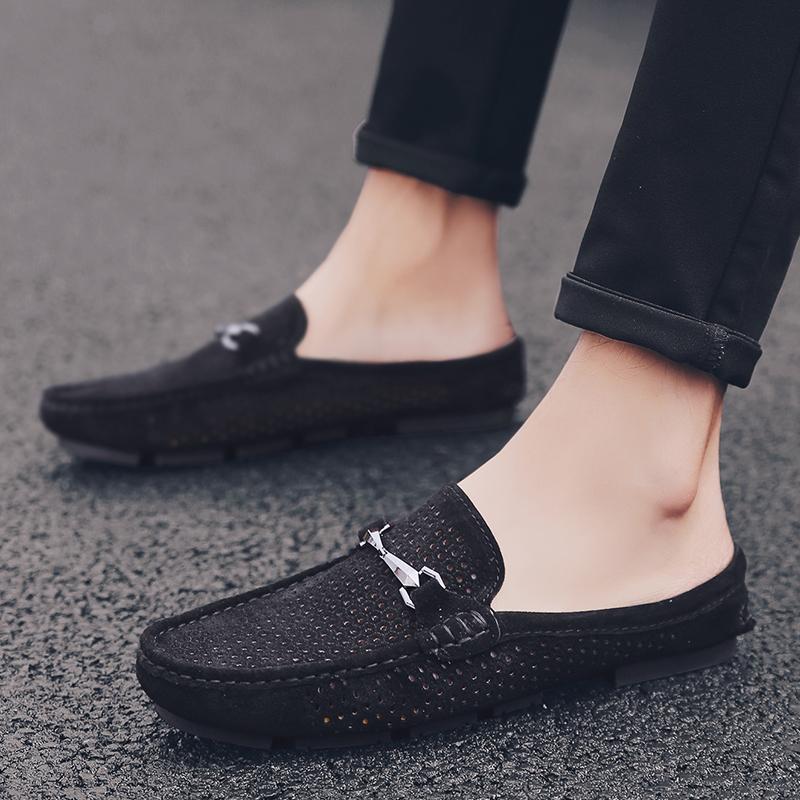 Fashion Men Comfortable Slippers Suede Leather Men Half Slippers Hollow Breathable Anti-slip Sandals Men Casual Beach Male Summer Flats