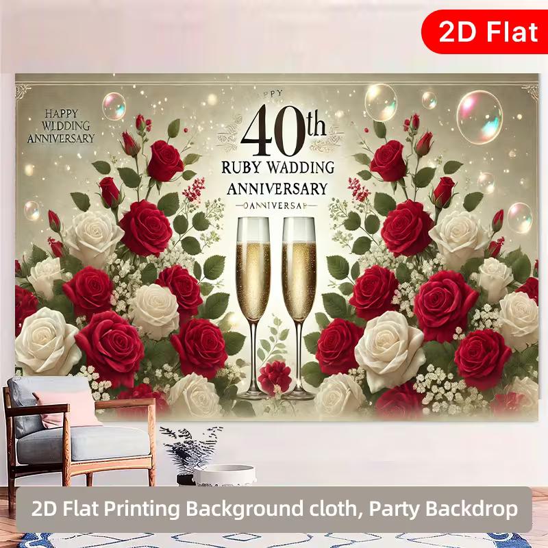 

2D Flat Printed 40th Anniversary Backdrop, Elegant Ruby Wedding Photo Banner with Roses & Bub 47.2x31.5inch/120*80cm