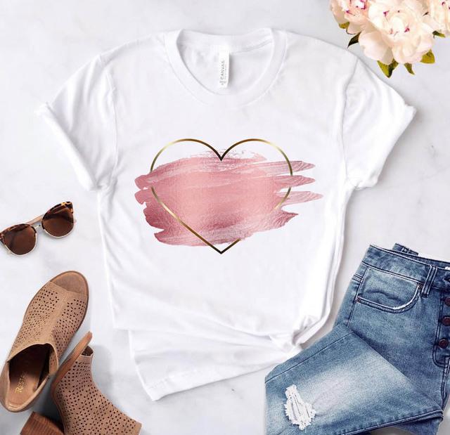 Love Heart Print T-Shirts For Women Clothing Round Neck Casual Top Clothes Short Sleeve Versatile Graphic Printed Fashion Shirts