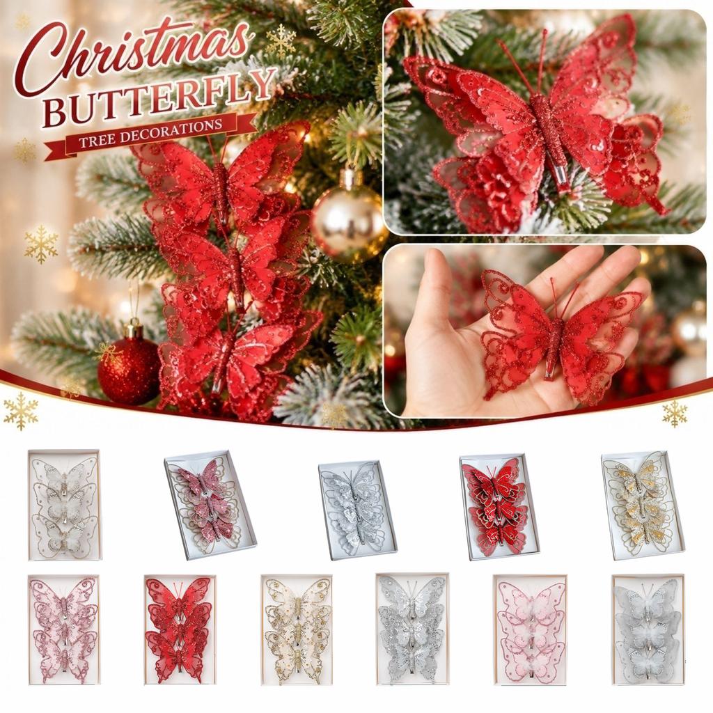 Set of 3 Glitter Butterfly Christmas Ornaments Clip-On Decorative Artificial Butterflies for Tree and Holiday Scene Decoration