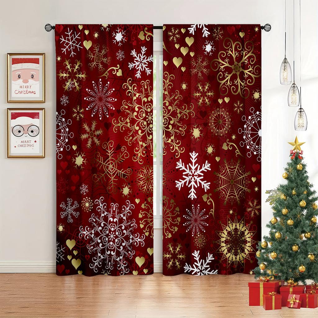 Christmas Bells Green Curtains Golden Red Snowflakes Christmas Elements Bedroom Living Room Kitchen Holiday Curtains 2 Pcs
