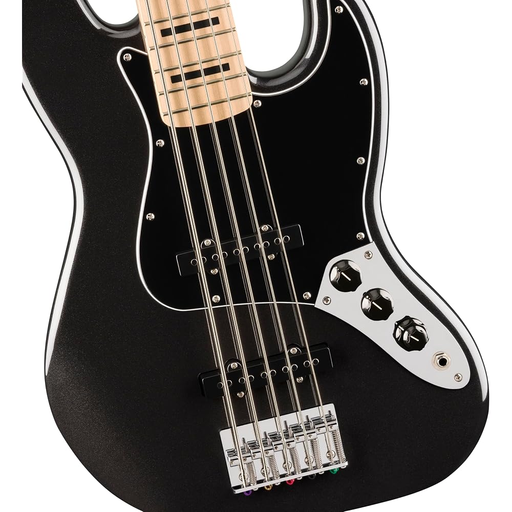Squier by Fender Affinity Series® Active Jazz Bass® V, Maple Fingerboard, Black Pickguard, Black Metallic, with soft case.