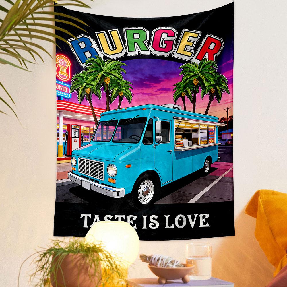 Burger Truck in Retro Neon Style Patterned tapestry home decor, suitable for bedroom and living room, gift