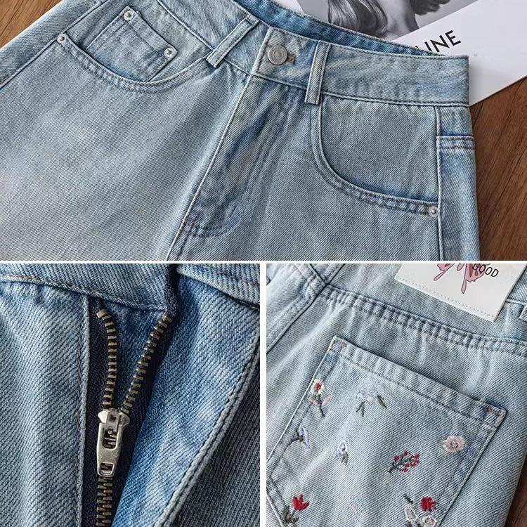 Women's High-Waist Embroidered Denim Shorts - Summer 2025, Slimming A-Line, Chinese Style Ice Silk Hot Pants