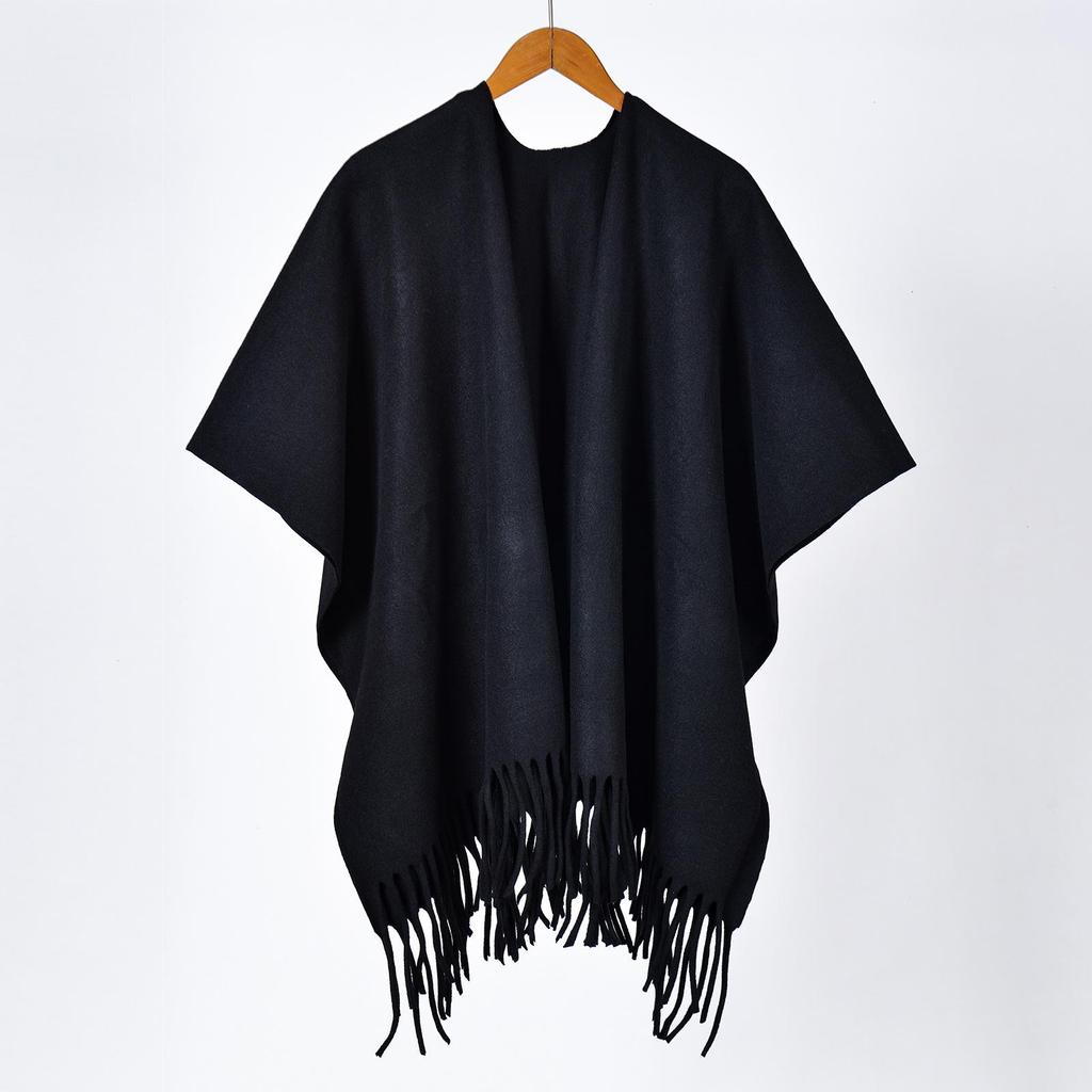 Women's Thick Jacquard Tassel Shawl - Versatile Solid Color Cape for Autumn/Winter