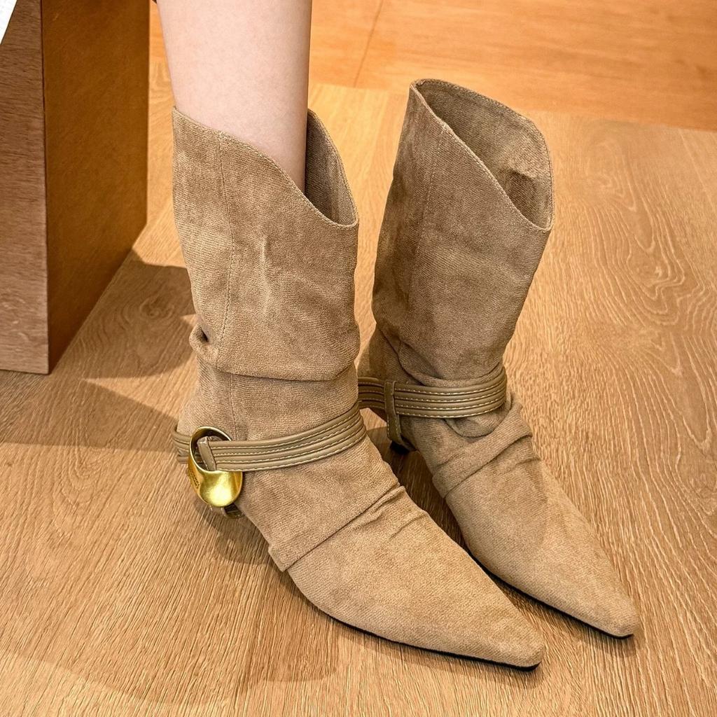 2025 autumn and winter new pointed thin heel high heel temperament thin French fashion sexy beauty female Internet celebrity short boots