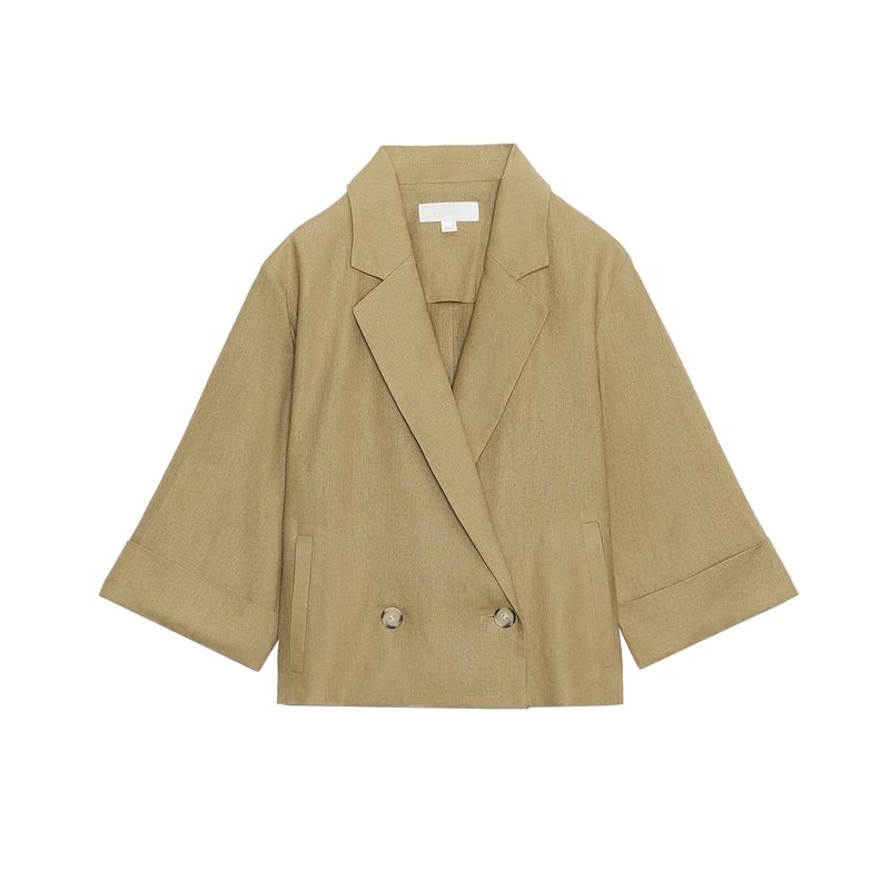 

New Fall Women s Clothing Loose Fashion Linen V Neck Single Buckle Easiest for Match Short Suit Outwear 8141709 Yellowish Green L