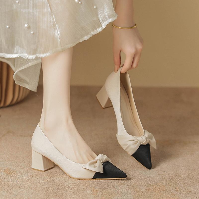 

High heels women s spring new light mouth thick heel bow single shoes women s work shoes women 34
