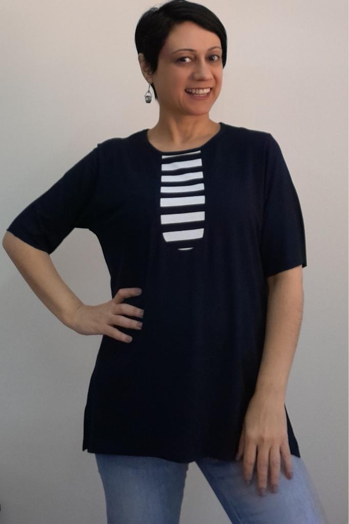 Women's Style Big Size T-Shirt Navy Blue, Navy Blue Color Blocked Combed Cotton Viscose T-Shirt