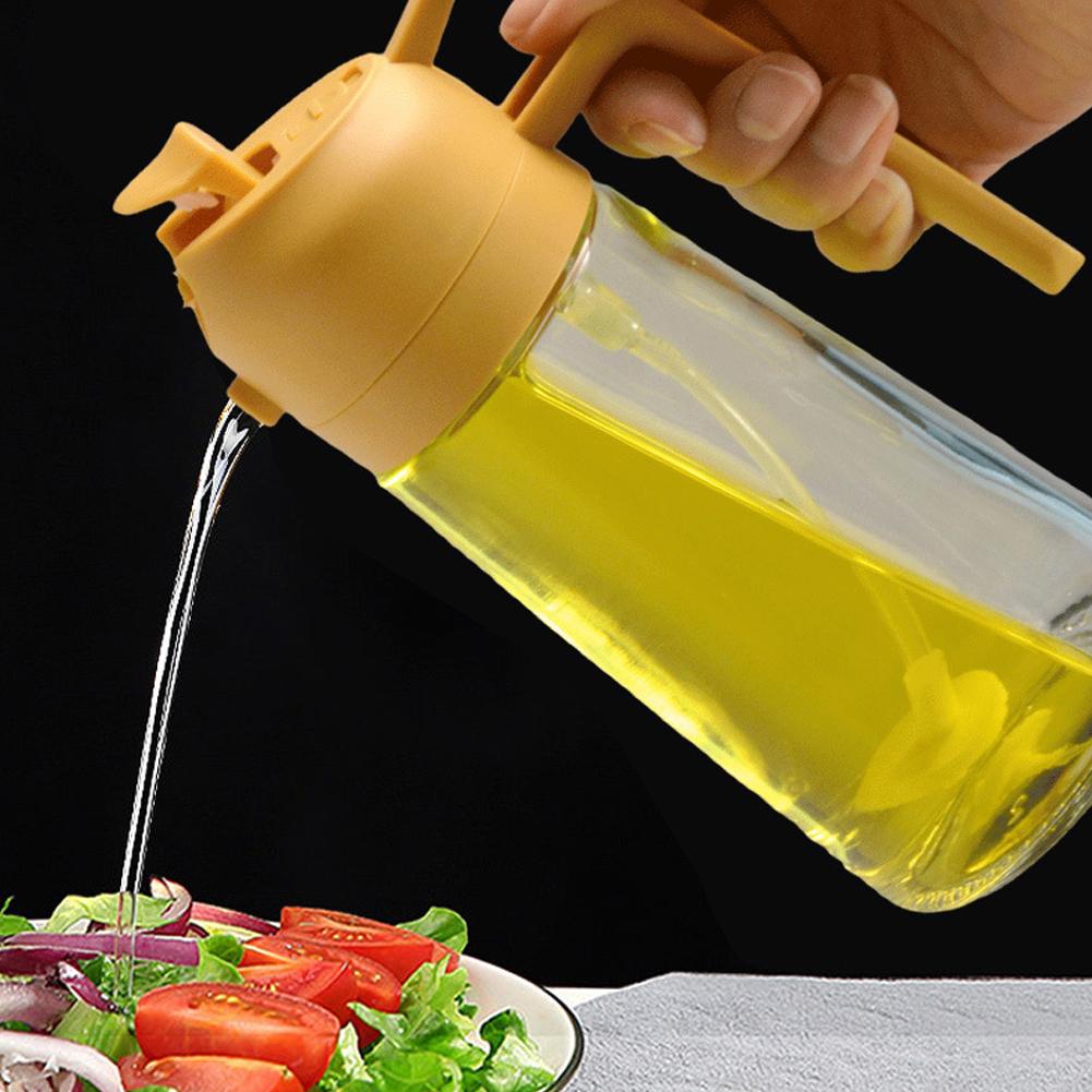 Vaporisateur d'huile 2 en 1 avec bec verseur pour la cuisine, le camping, les barbecues et la pâtisserie. Convient également pour le vinaigre et la sauce soja. Contenance : 450/600 ml.