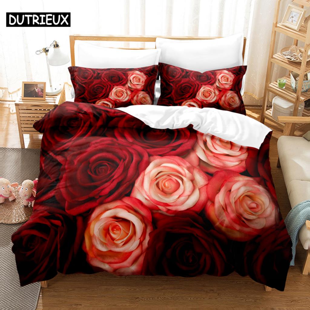 3D potisk červené růže - 3dílná sada povlaku na přikrývku, k dispozici ve velikostech King, Queen, Full, Single & Double