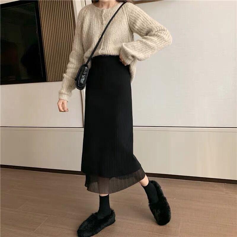 Reversible Pleated Women's Autumn Winter Knitted Midi Skirt A-Line Bodycon Style to Pair with Sweaters