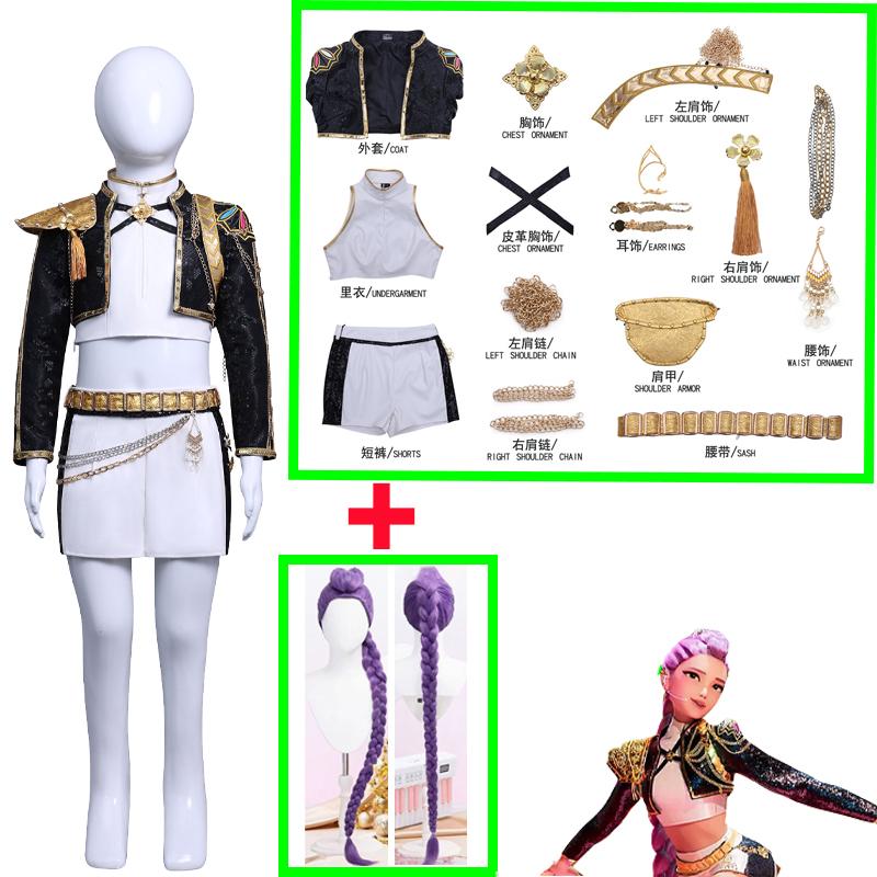 Anime K-POP Caçadores de Demônios Crianças Meninas Fantasia Cosplay Rumi Zoey Mira Roupa Infantil de Role Playing Festa Uniforme Preto Dourado Brilhante