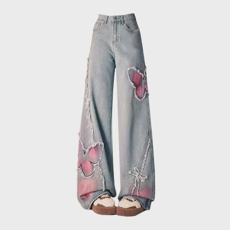 Women's Butterfly Stitch Embroidered Wide-Leg Jeans: Trendy Raw Edge Washed Spring Trousers