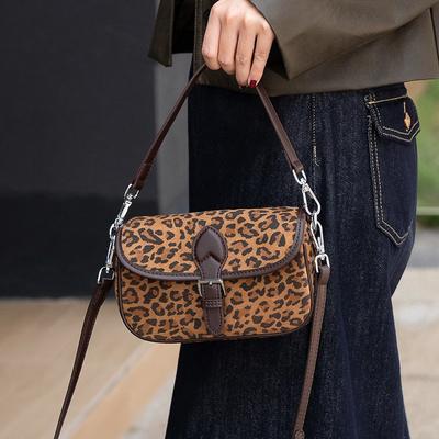 New Matte Cowhide Leopard Print Flip Small Square Bag Women's Oblique Span Leather Shoulder Bag Simple and Fashionable Saddle Bag