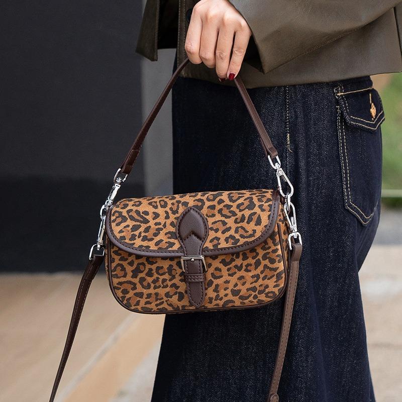 New Matte Cowhide Leopard Print Flip Small Square Bag Women's Oblique Span Leather Shoulder Bag Simple Saddle Bag