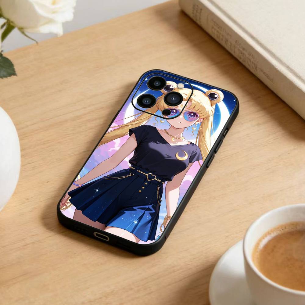 Cartoon S-Sailor M-Moons Phone Case For iPhone17,16,15,14,13,12 Plus,Max Soft Silicone Black Cover