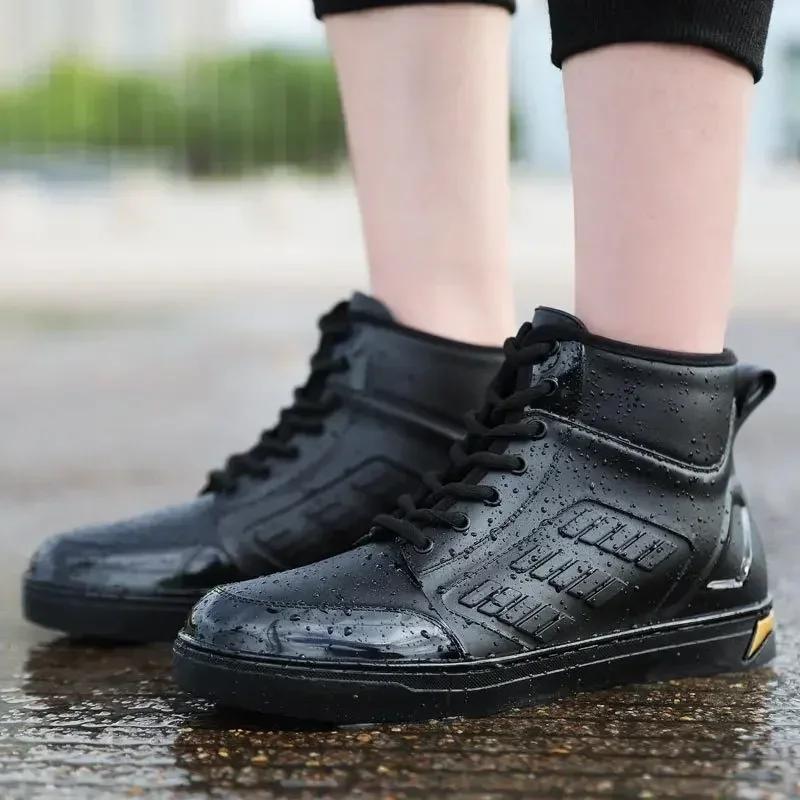 Waterproof Boots for Men Trend Black High Top Ankle Boots for Rain Casual Flat Shoes for Men Fashion Rubber Non-slip Rain Boots 39 чёрный 2890₽