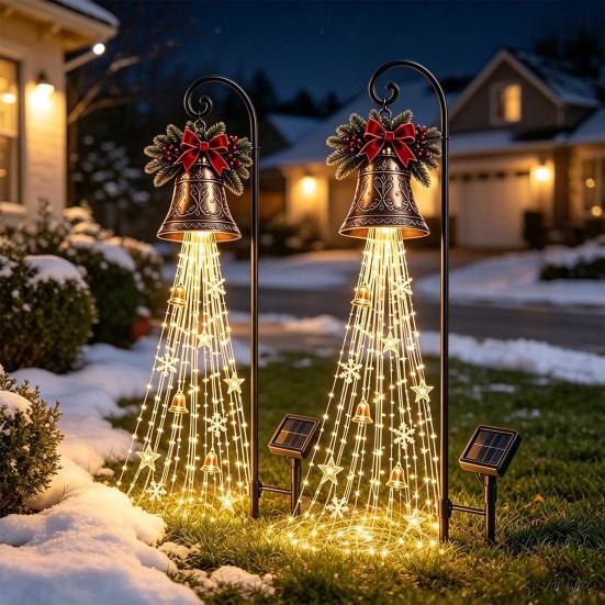 Christmas Ornament Garden Accents Solar Powered Light, Outdoor Metal Stake Snowman Bell Pendant Lamps Star Snowflake Waterfall String Lamp,