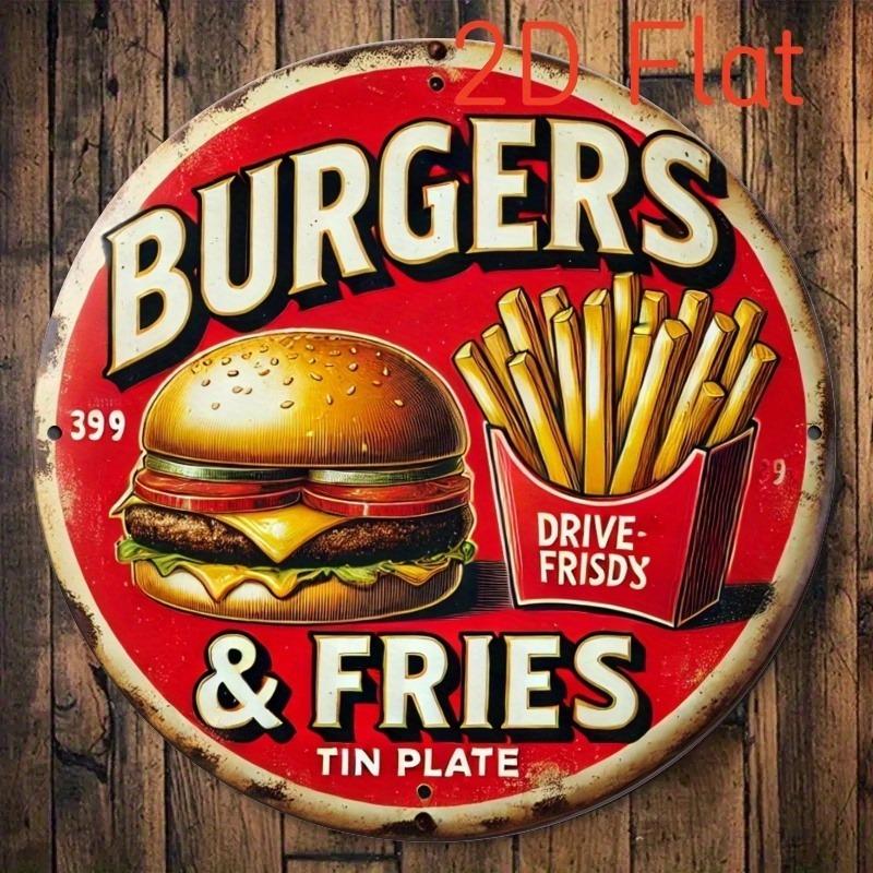 D Flat Hamburger Wall Art Retro Wooden Round Sign for Kitchen Cafe X Inch