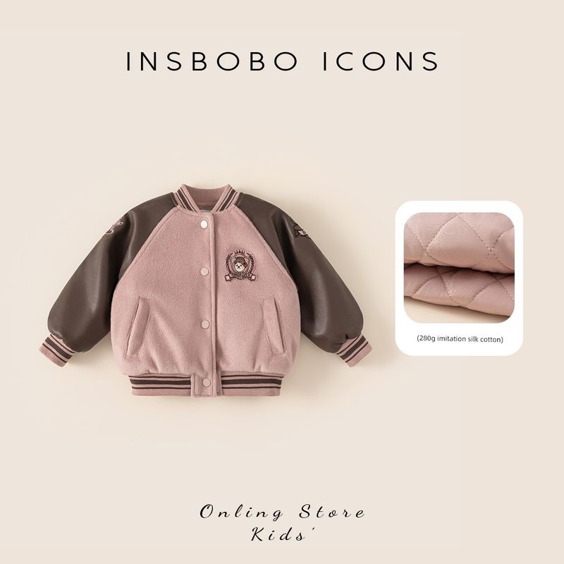 [Teddy Bear Series] Insbobo Girls  Jacket 2025 Winter New Children s Jacket Winter Baseball Uniform Pink 80