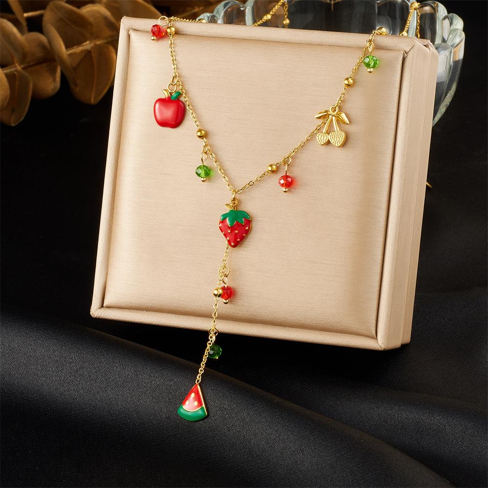 Fashion Colorful Glass Rhinestone Geometric Pendant Strawberry Fruit Gold Y Shape Necklace