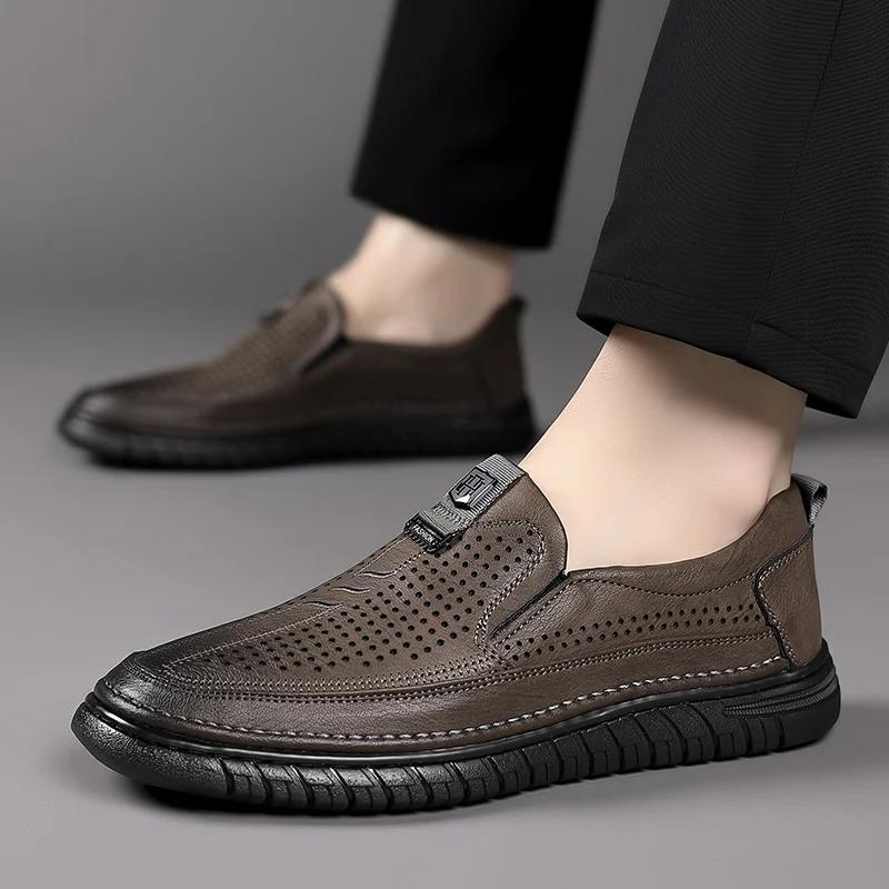 Fashion Summer New White Perforated Breathable Leather Shoes Mens Slip on Shoes Genuine Leather Male Casual Shoes Male Soft Sole Loafers