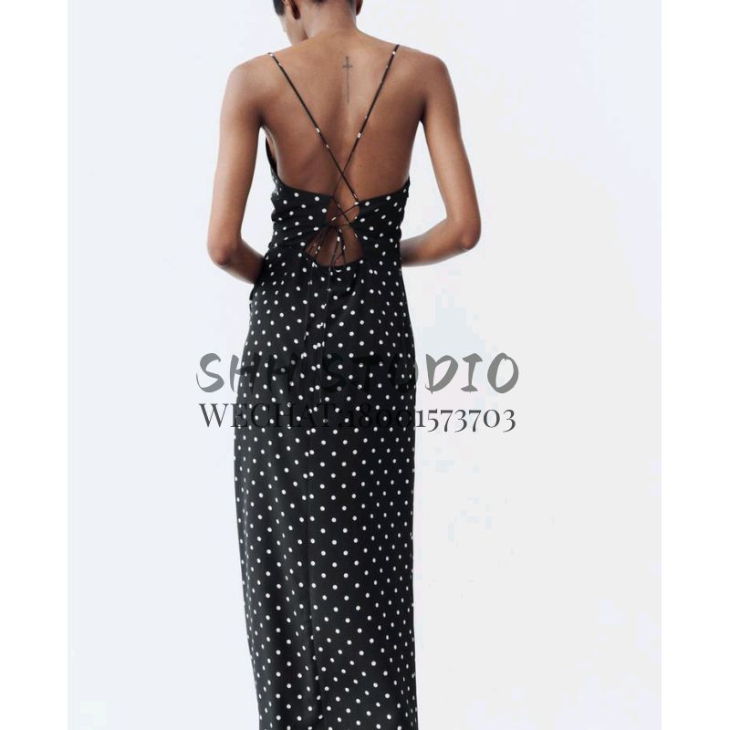 Spring New Arrival French Style V-neck Camisole Ruched Decorative Polka Dot Print Midi Skirt Dress 2976764