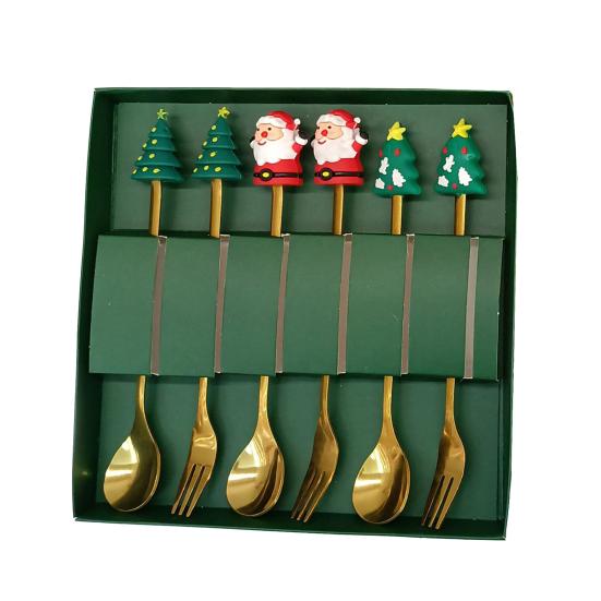 Nerezová vánoční sada lžiček s motivem stromku, Santa Clause a hvězdy, lžičky na míchání kávy, slavnostní kuchyňské náčiní s dárkovou krabičkou