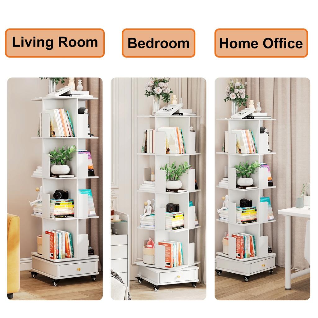 Wooden Four-layer Rotatable Mobile Bookshelf With One Drawer Book Storage Rack With Locking Wheels For Living Room/Bedroom/Study