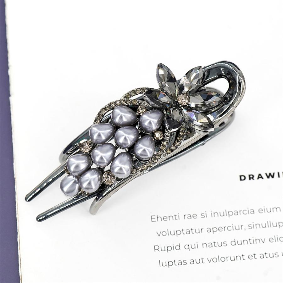 Fashionable Light Luxury High-end Rhinestone Pearl Clip Hairpin Women's Elegant Temperament Glass Black Gray Hairpin Strap