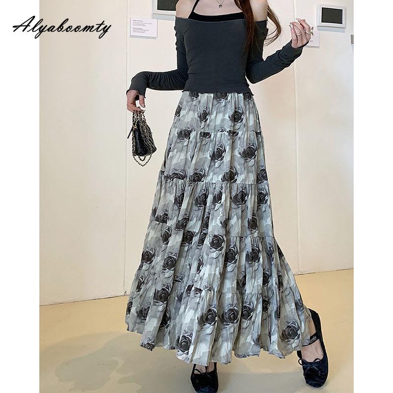 Korean Fashion Spring Summer Women Maxi Long Skirt High Waist Coffee Gray Floral Printed Skirts Womens Elegant Ruffles Vintage Feminine Skirt