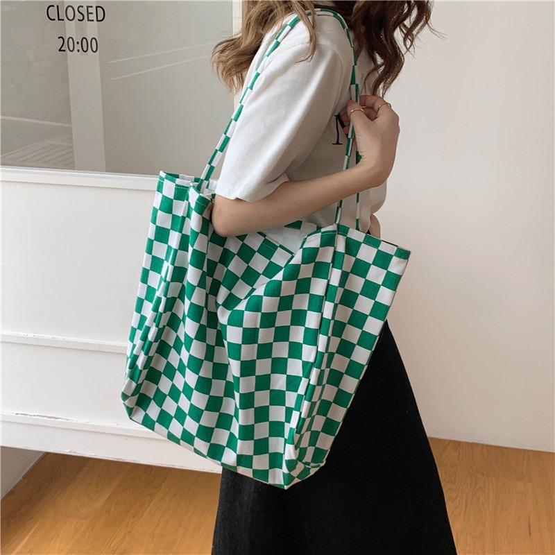 181 Checkerboard Green Grid Canvas Bag College Style Commuter Shoulder Bag Retro Tote Bag