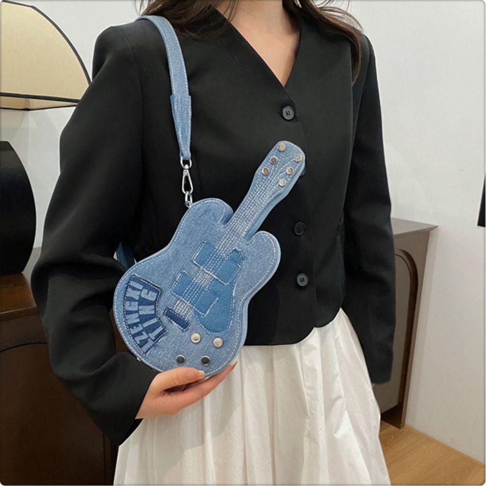 Large Capacity Denim Canvas Bag Y2k Jeans Messenger Bag Simple Guitar Crossbody Bag  Girl