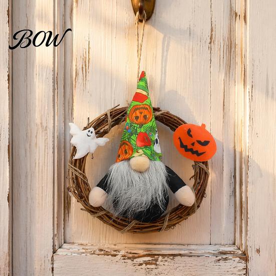 Faceless Gnome Wreath Halloween Wreath, Rattan Rustic Hanging Decoration Seasonal with Pumpkin Ghost for Front Door Wall Holiday Party Decor