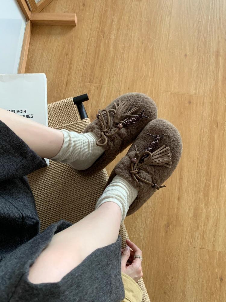 Huge Good-looking Baotou Fluffy Half Slippers Women's Inner Height Increases by 25 Autumn and Winter New Plush Warm Fringed Women's Shoes