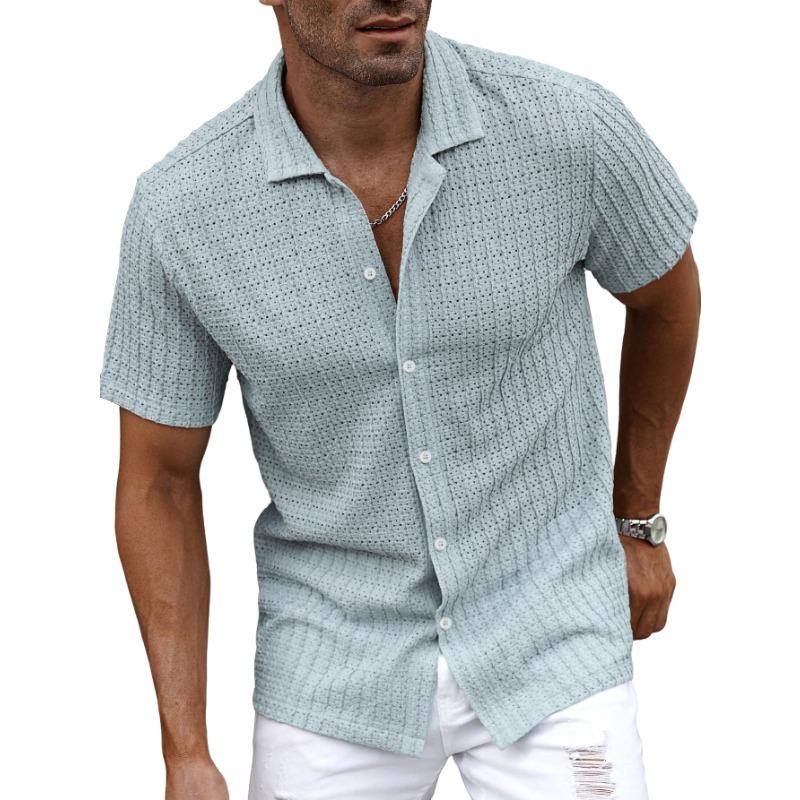 Mens Casual Short Sleeve Cuban Collar Textured Shirt