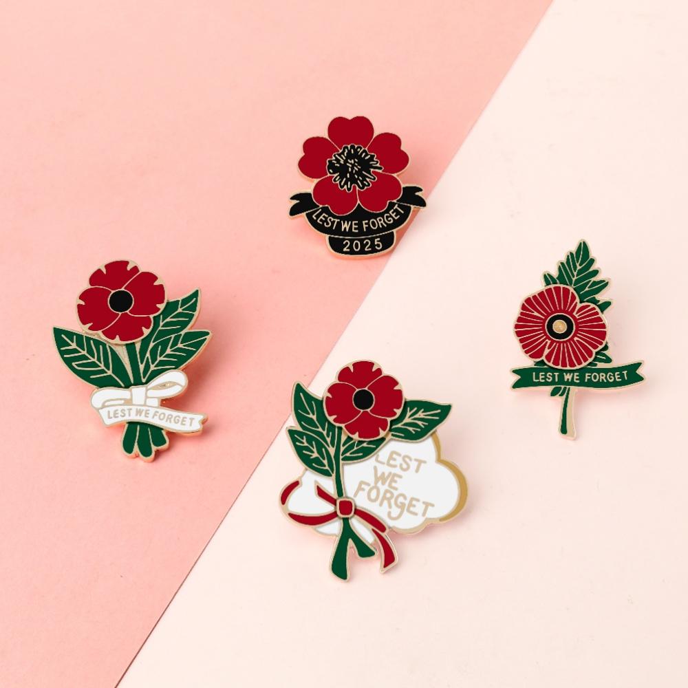Flower Red Poppy Enamel Pin Letter LEST WE FORGET Vintage Brooches for Women Men Lapel Backpack Badge Memorial Day Gifts Jewelry