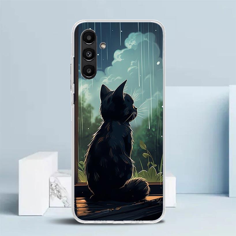 Anime Cat Rain Animal Phone Case For Samsung Galaxy A17 A37 A57 A16 A15 A14 A13 A56 A55 A54 A53 A36 A35 A34 A33 A26 A25 A24 A23
