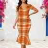 Women Plus Size V Neck Short Sleeve Fitted Abstract Printed Fishtail Dress