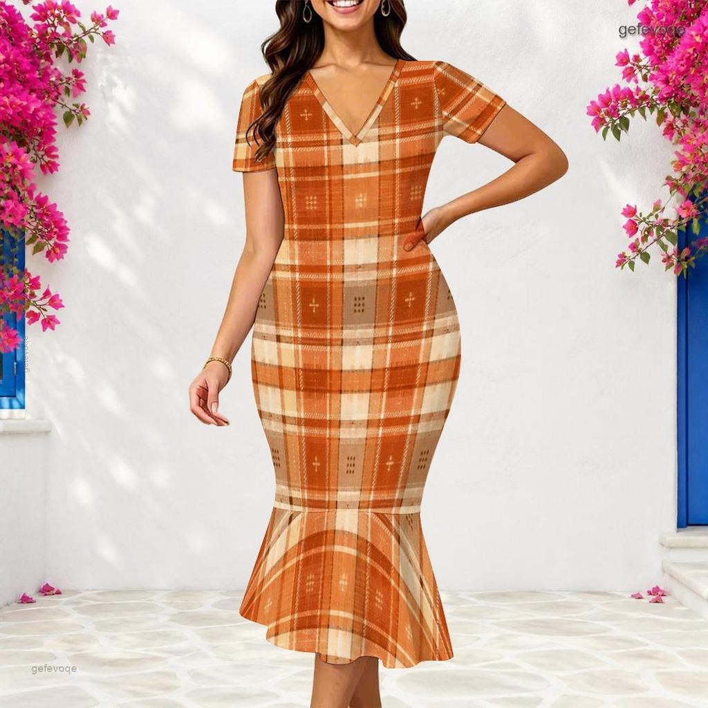 Women Plus Size V Neck Short Sleeve Fitted Abstract Printed Fishtail Dress