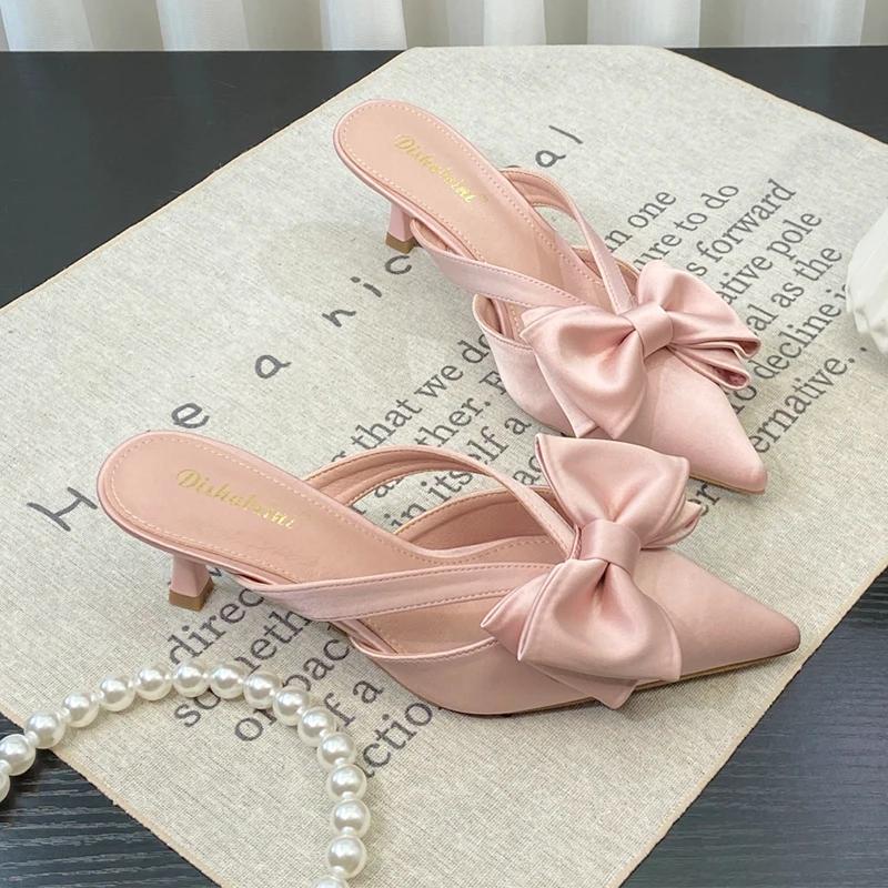 Bow Heeled Slippers Women's Pointed Toe Sandals Elegant Mules Shoes 2025 Summer Party Pumps Flip Flops Dress Sandalias De Mujer