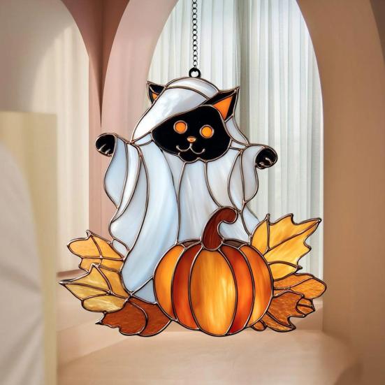 Halloween Ghost Suncatcher Colorful Dog/Cat Pattern Window Hanging Ornament with Pumpkin 2D Acrylic Suncatcher for Halloweens Decor