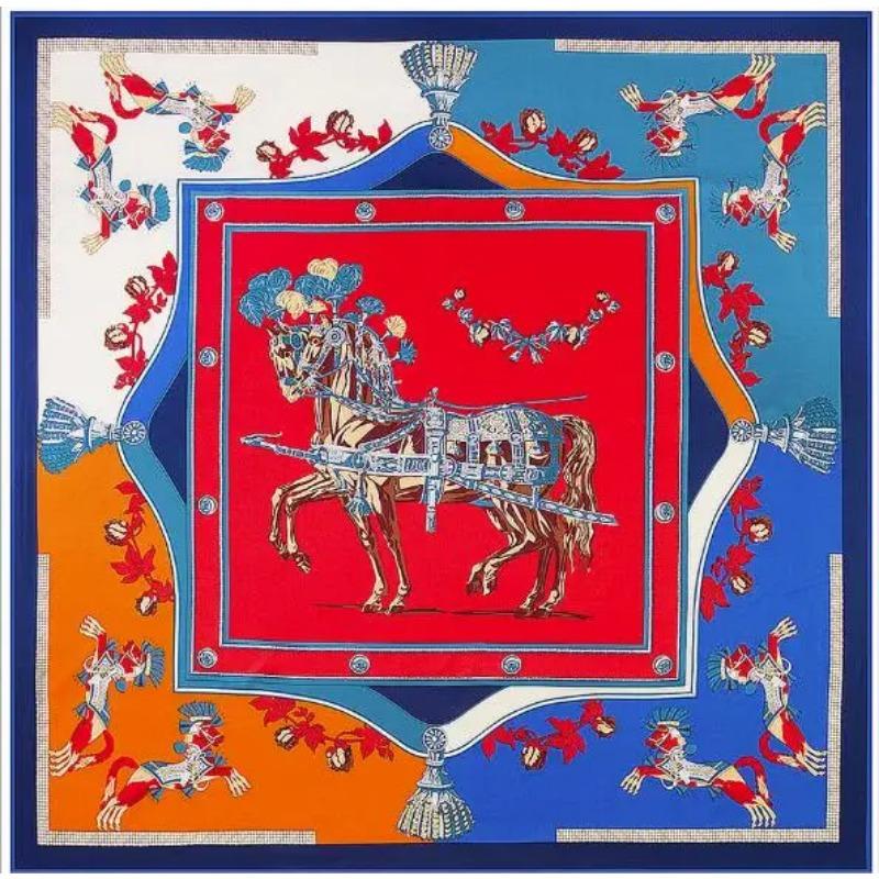 130*130 cm Twill Silk Women Scarf Euro Design Fashion War Horse Print Square Scarves Luxury Brand Gift Large Shawls